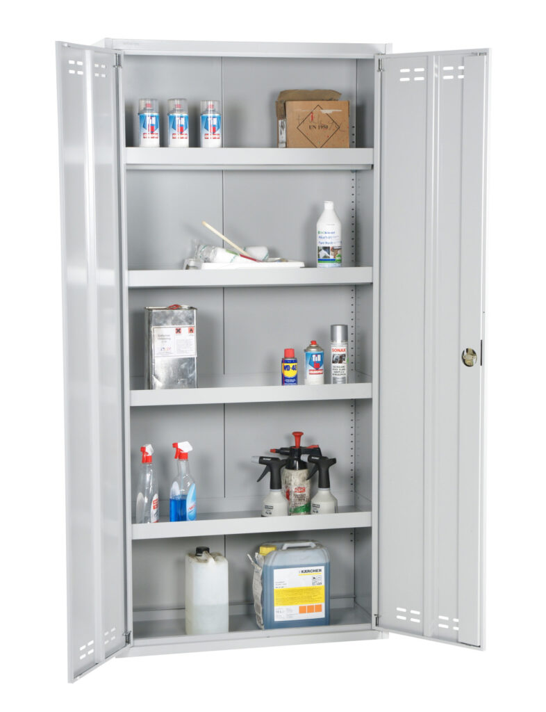 Låsbart plåtskåp i stål för säker förvaring av verktyg och kemikalier på arbetsplats i verkstads- och byggmiljö